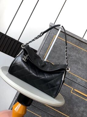 Chanel Black Lambskin Leather Quilted Shoulde